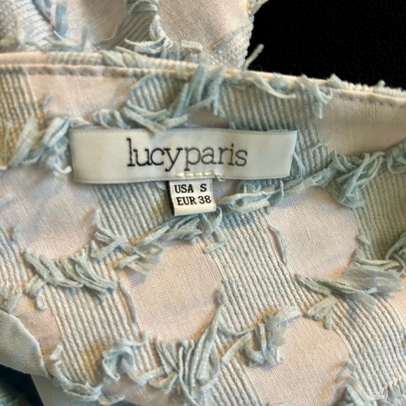 Lucy Paris Frayed Textured Single button cropped vest in Light Blue - Picture 2 of 3